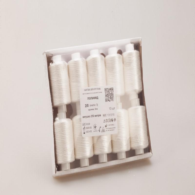 Нитка хірургічна стерильна, USP2/0 (М3), ПОЛІАМІД, кручена, біла, (1 котушка 250 метрів)